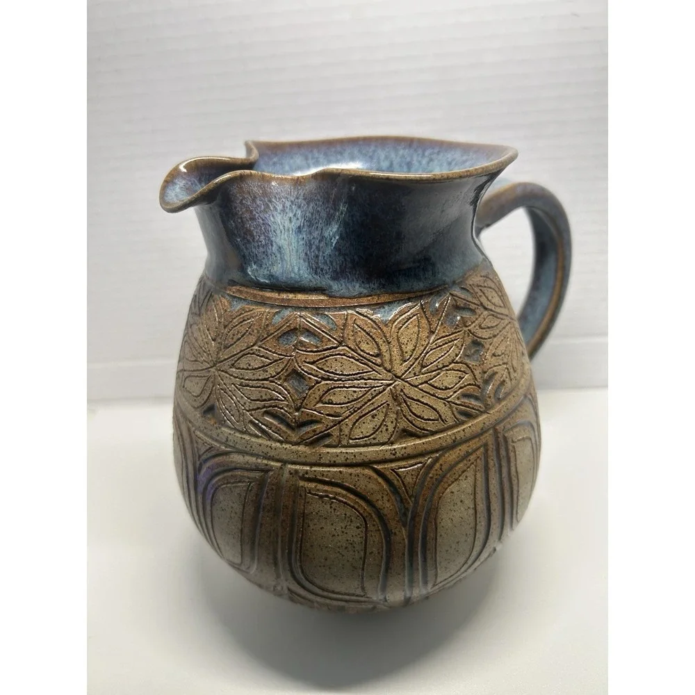 Susan Brown Freeman Incised Monstera Studio Pottery Pitcher 7 1/2